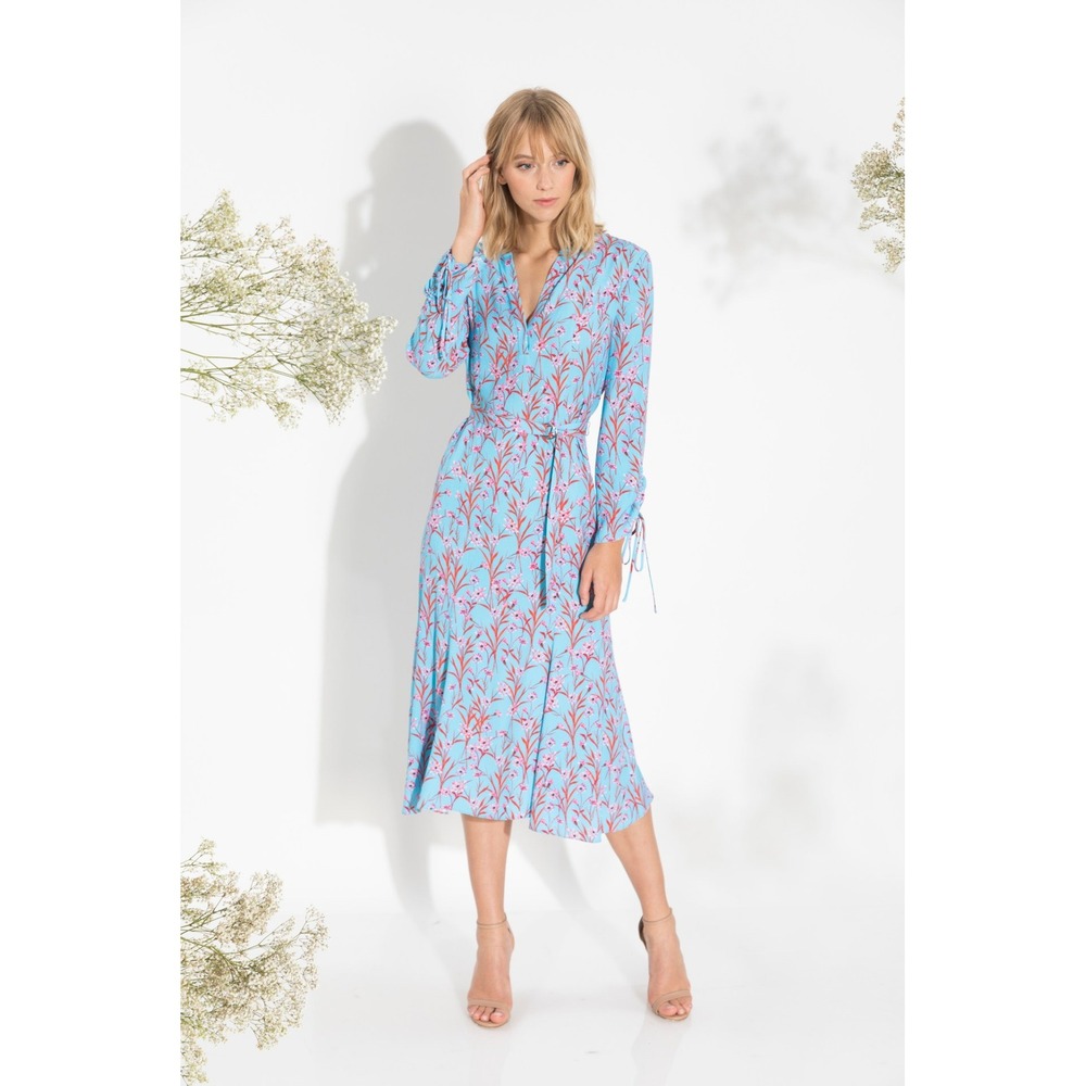 Shoshanna Midi Dress Womens 0 Blue Floral Spring 2019 Runway Quiet Luxury